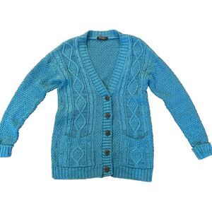 Remel London Cardigan Cable Knit Sweater Turquoise Button Up Women's Medium